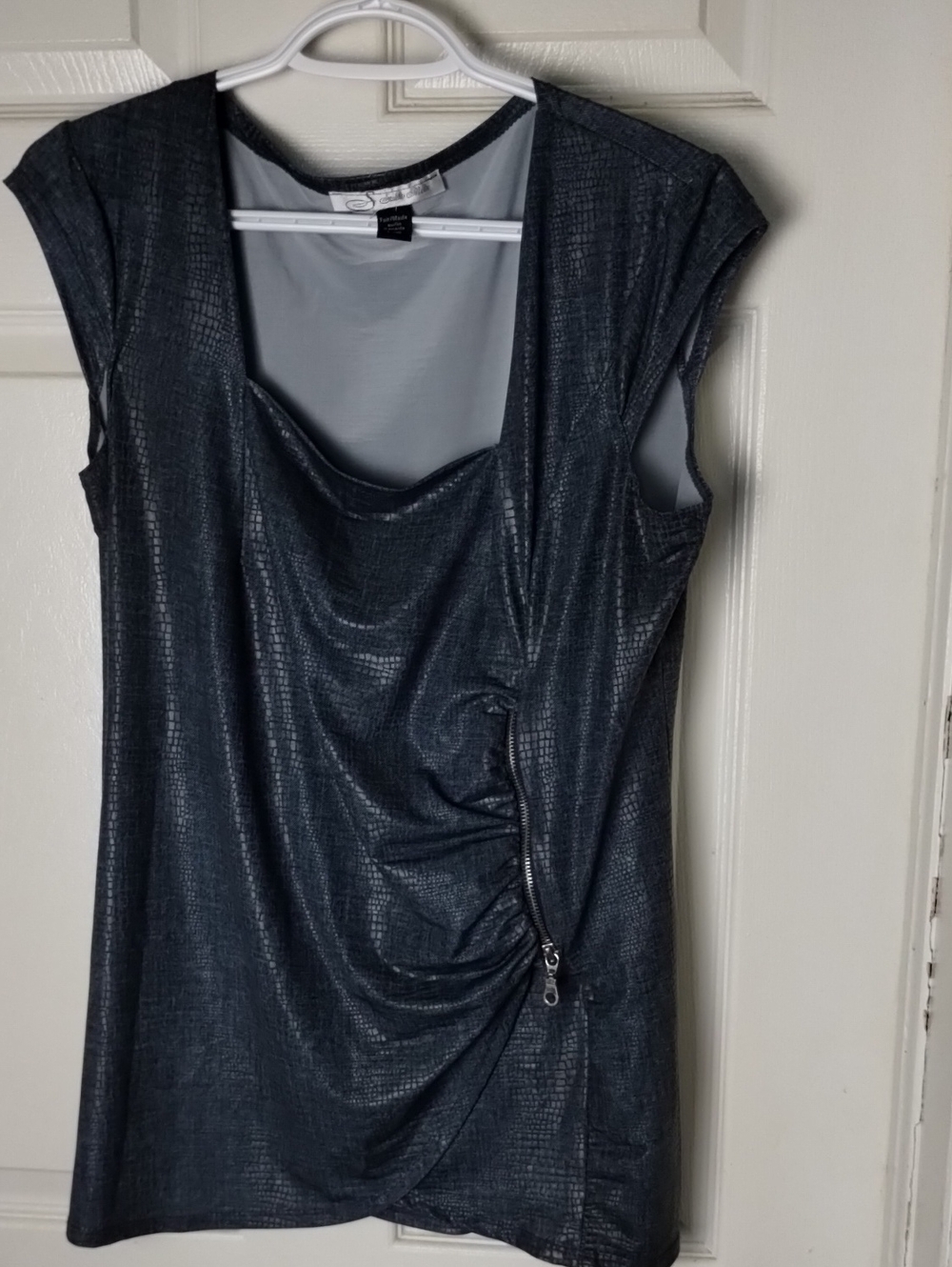Sleeveless Shimmery Denim Color Top with Side Zip Detail
